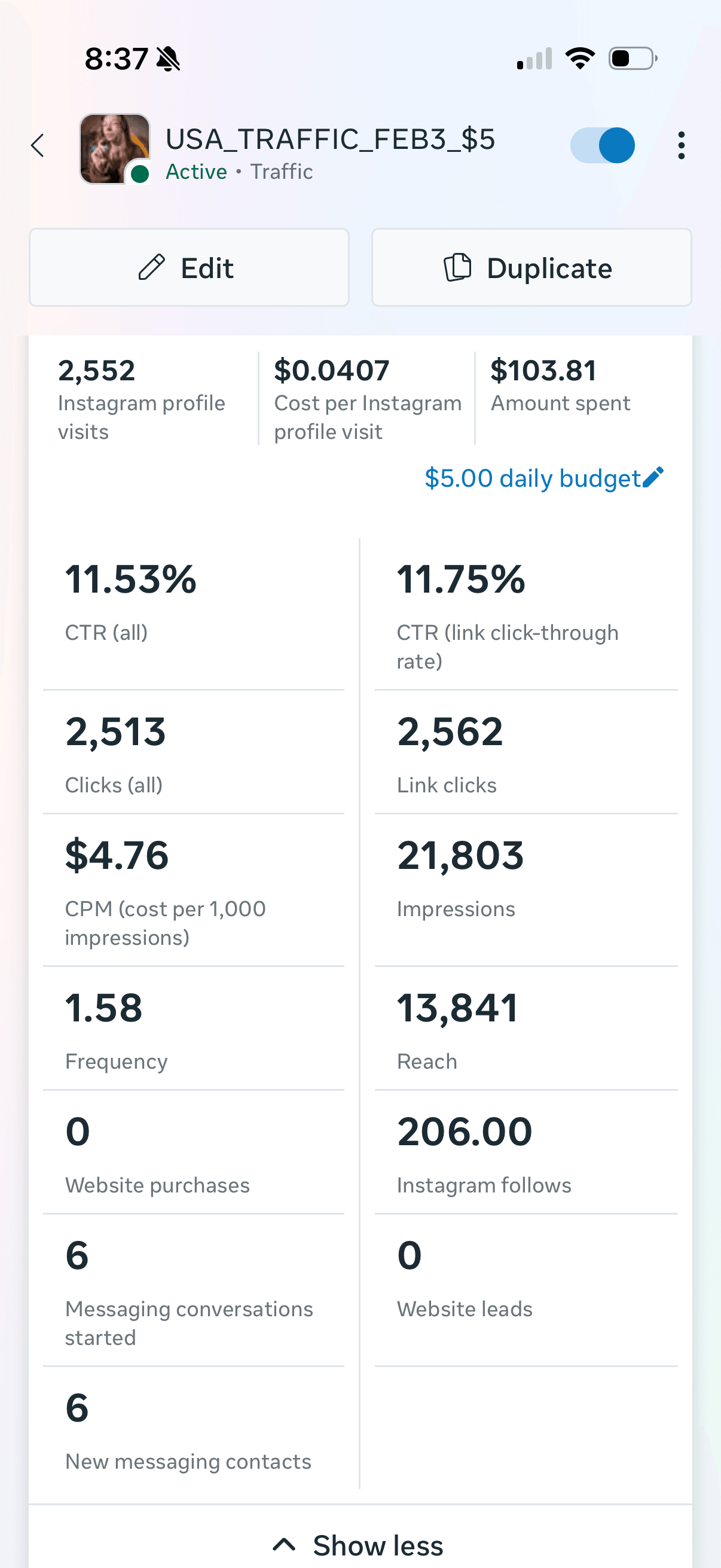 Meta Ads Manager — USA traffic campaign: 2,552 profile visits at $0.04 each